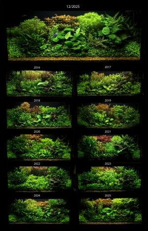 Vývoj akvária v posledních deseti letech (2016-2025). Akvárko vypadá celé roky téměř stejně a dělá mně velkou radost.